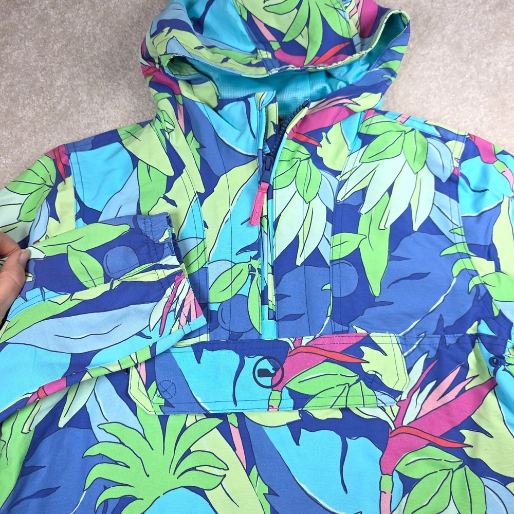 Vineyard Vines Anorak Jacket Girls M 12-14 Blue Tropical Hooded 1/4 Zip Outdoor